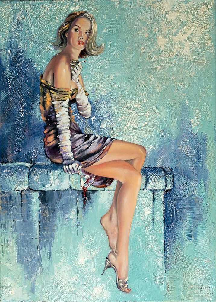 картина-постер Дівчина з келихом вина курить сигарету