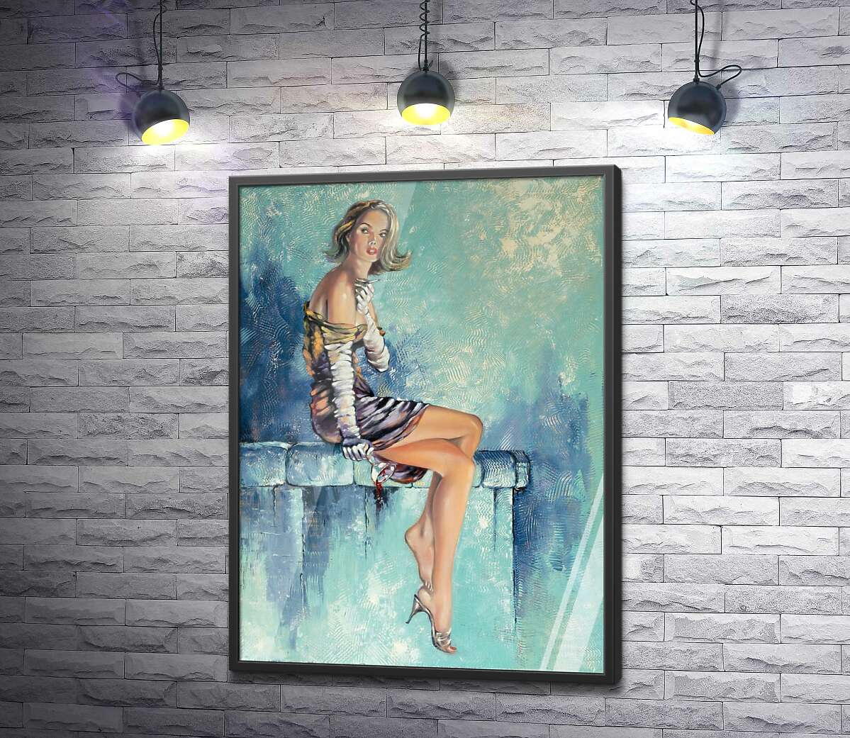постер Девушка с бокалом вина курит сигарету