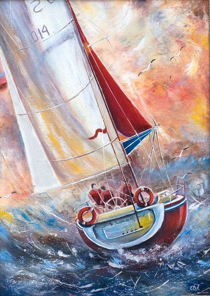 картина-постер Маленькая яхта с красным парусом преодолевает бурные волны