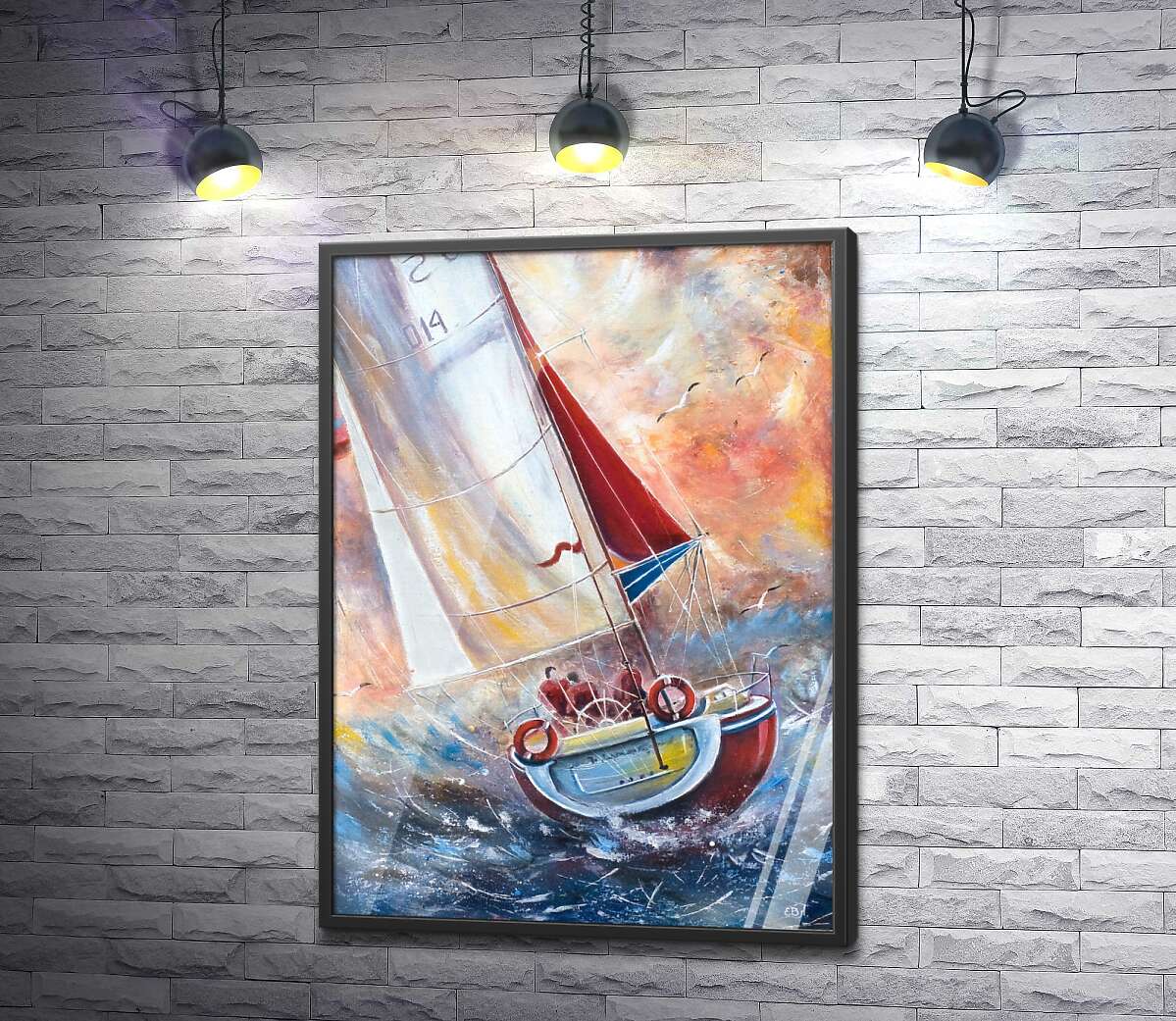 постер Маленькая яхта с красным парусом преодолевает бурные волны