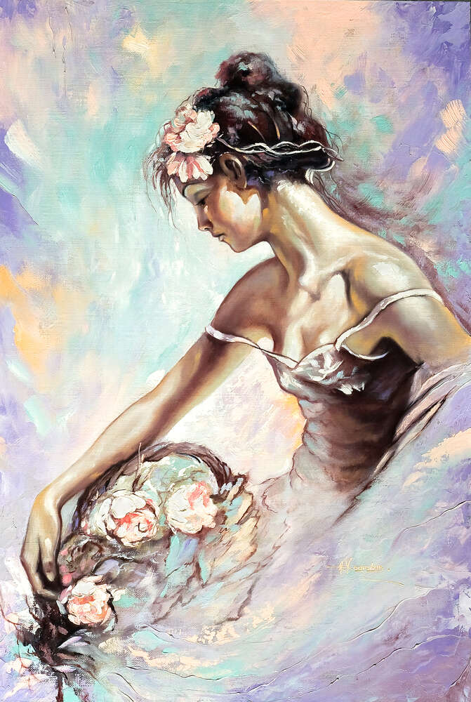 картина-постер Девушка с корзиной цветов