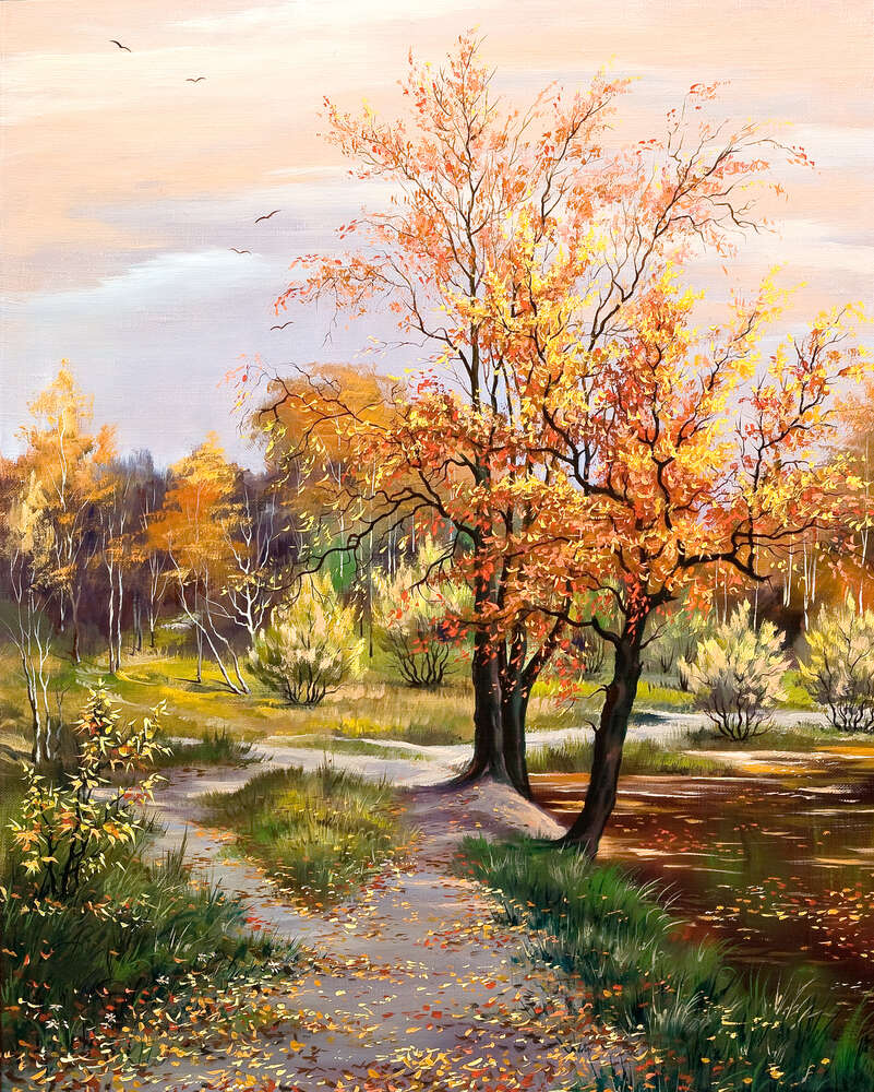 картина-постер Желтые осенние деревья на берегу лесного озера