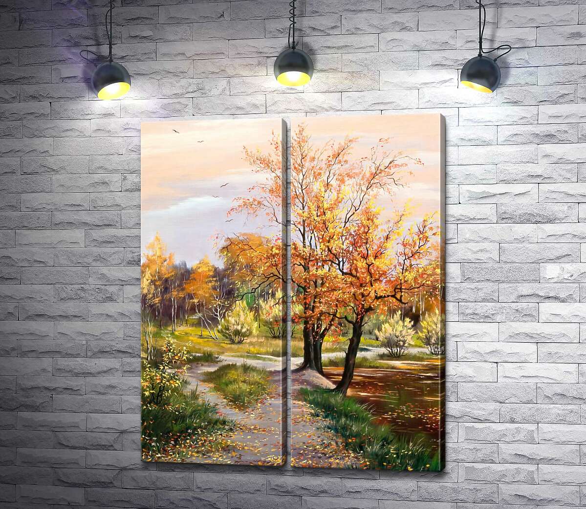 модульная картина Желтые осенние деревья на берегу лесного озера