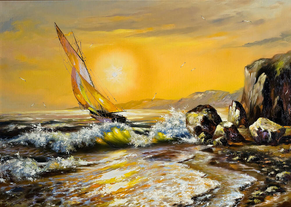 картина-постер Желтые паруса яхты склоняются к прибрежной воде