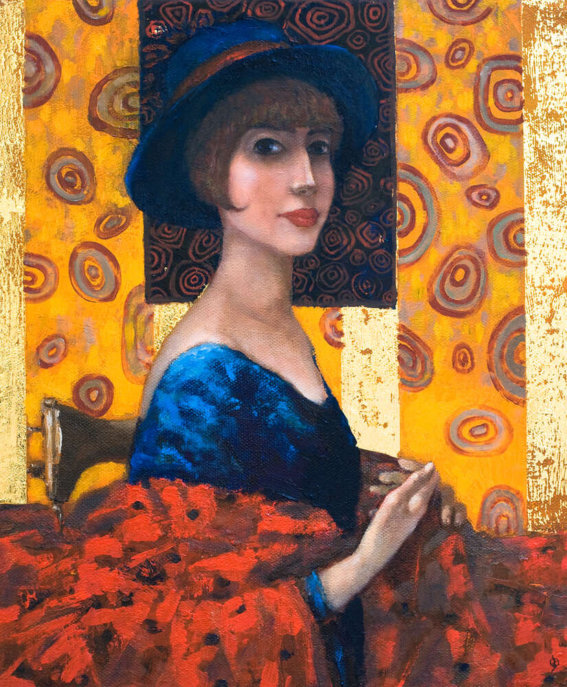 картина-постер Швачка з червоною тканиною на руках