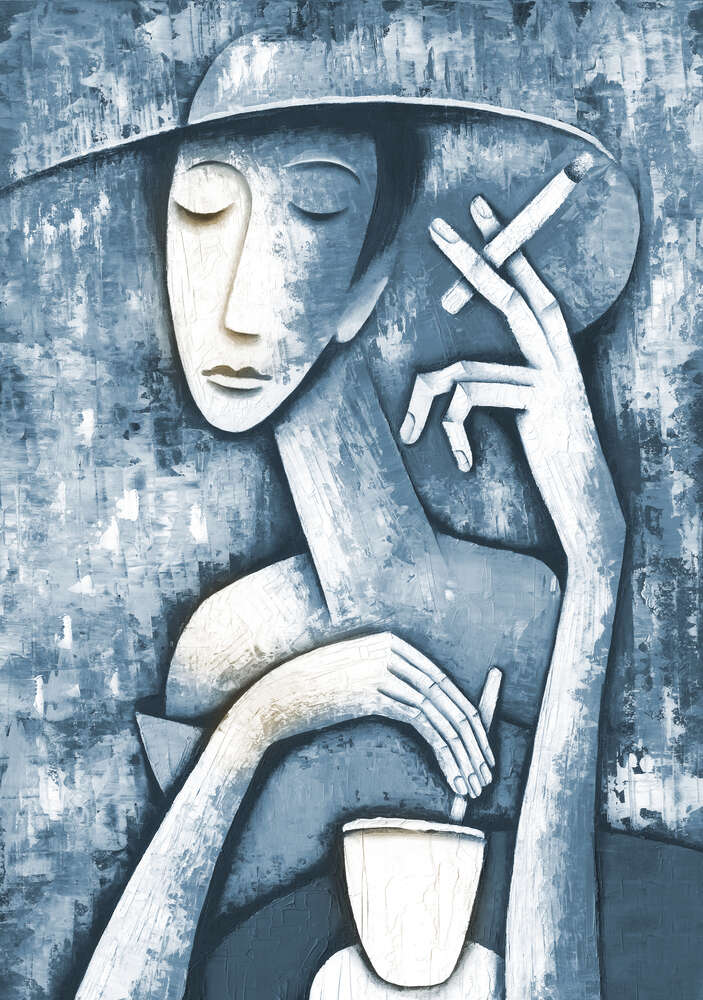 картина-постер Леди с сигаретой сидит за чашкой кофе