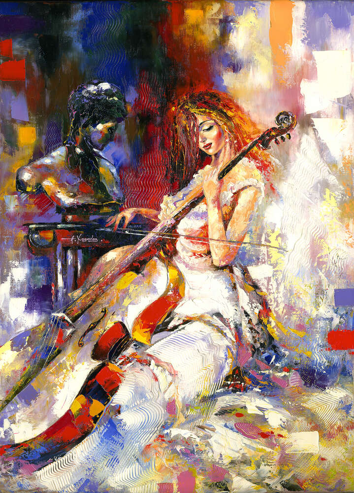 картина-постер Девушка играет на виолончели возле статуи