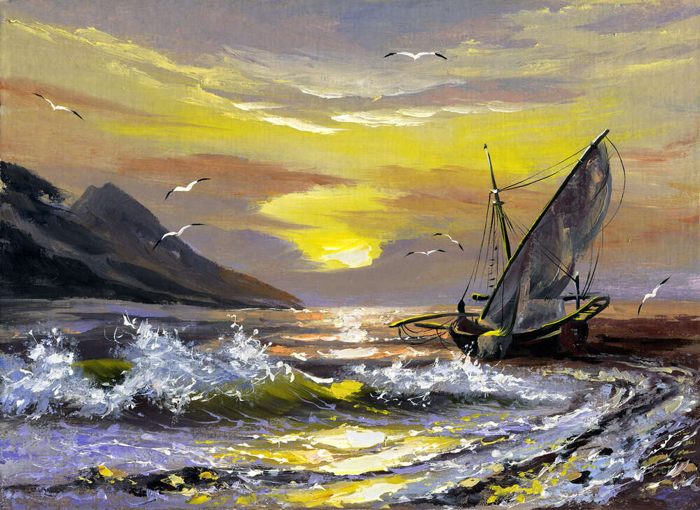 картина-постер Парусная лодка омывается прибрежными волнами