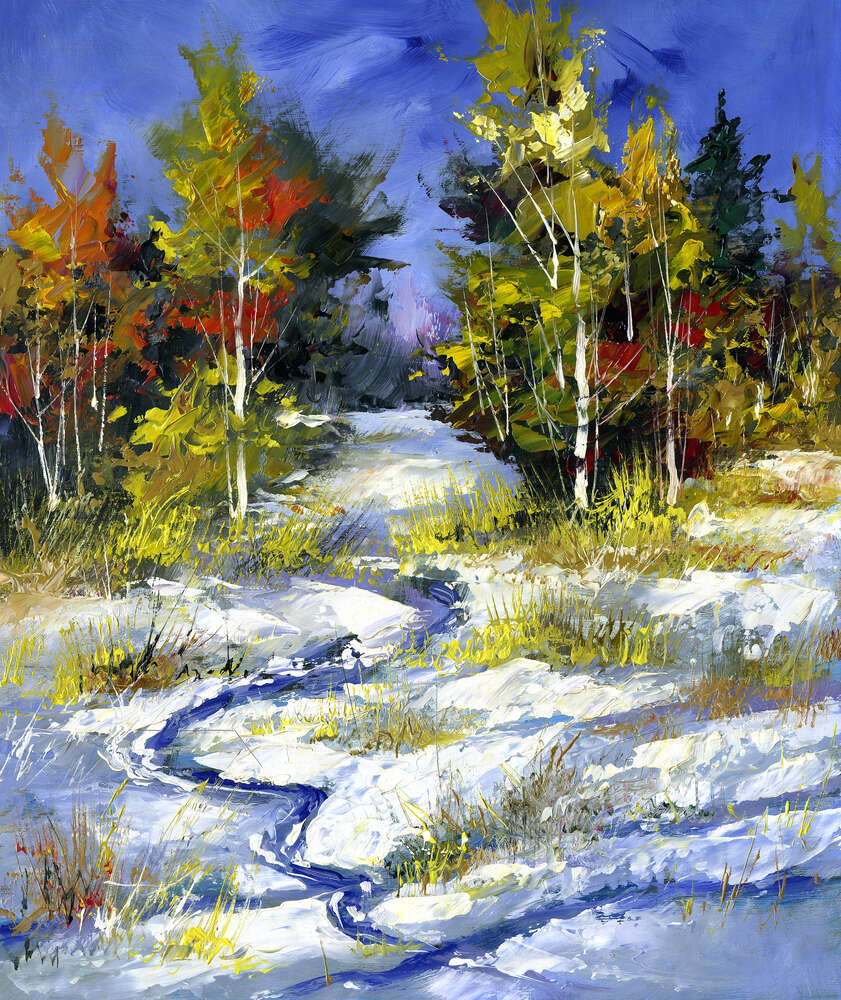 картина-постер Голубой ручей прокладывает дорогу в снегу между осенними деревьями