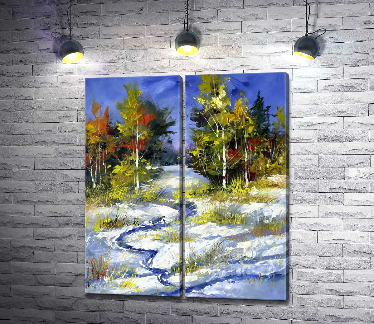 модульная картина Голубой ручей прокладывает дорогу в снегу между осенними деревьями