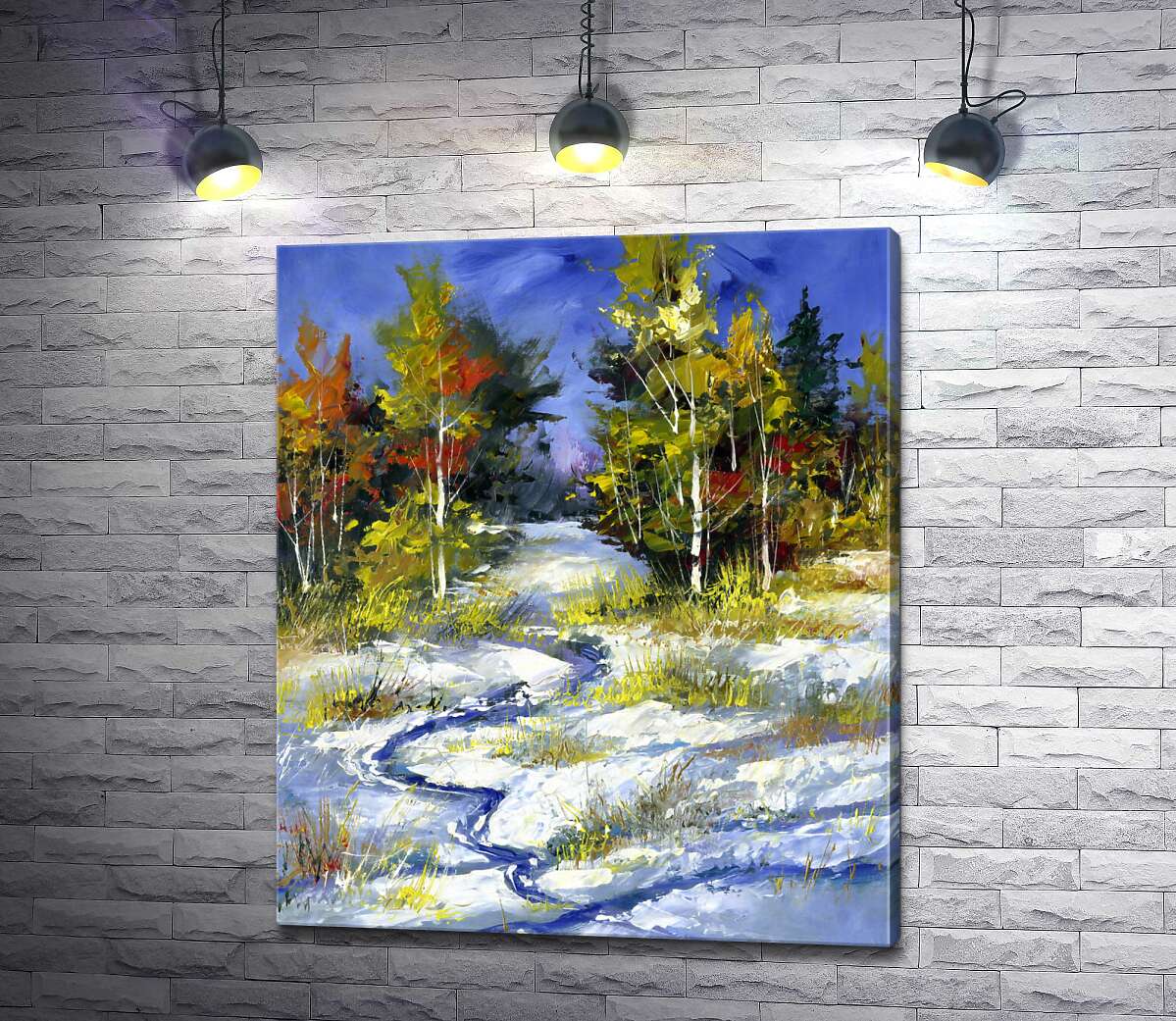 картина Голубой ручей прокладывает дорогу в снегу между осенними деревьями