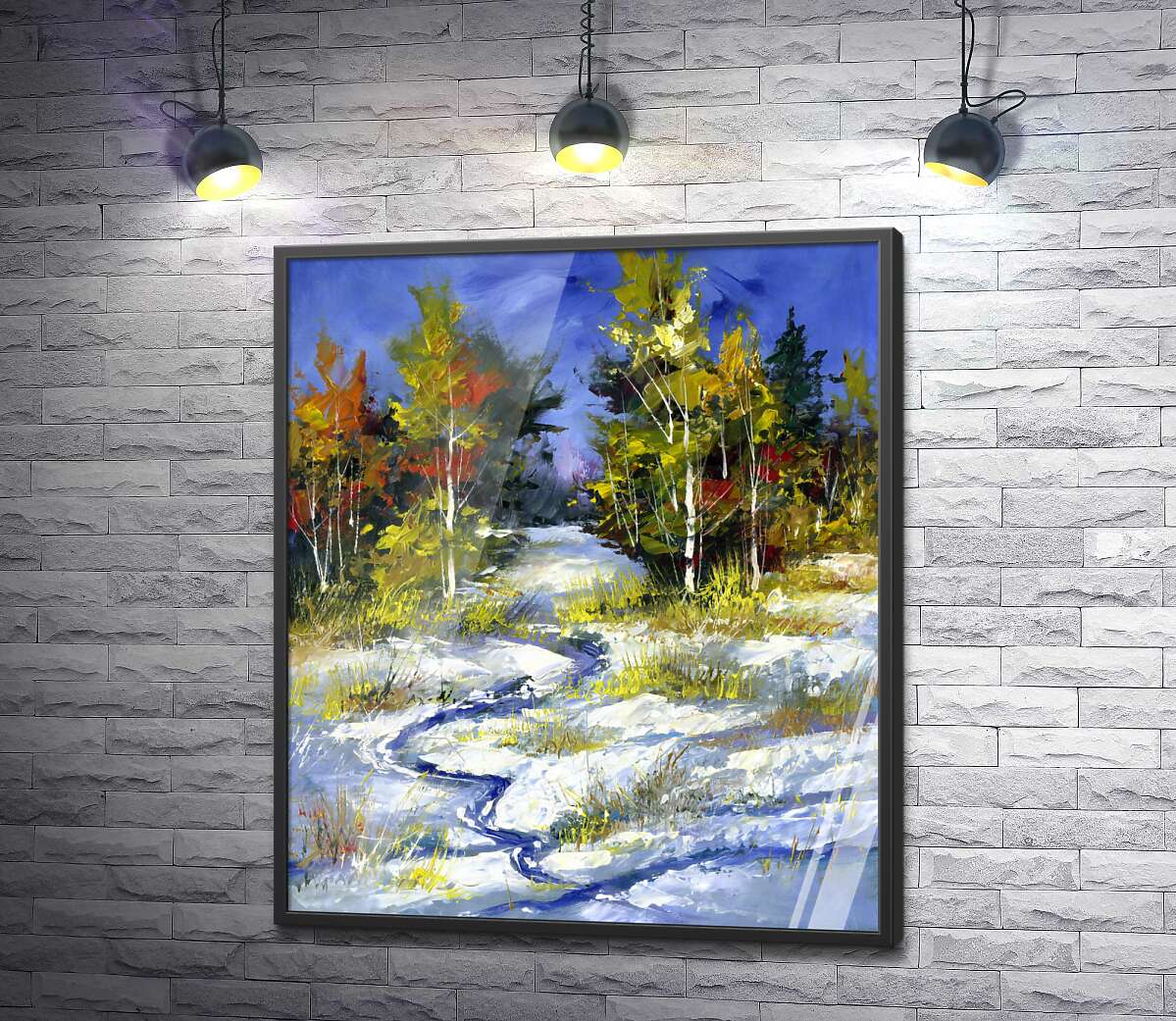 постер Голубой ручей прокладывает дорогу в снегу между осенними деревьями