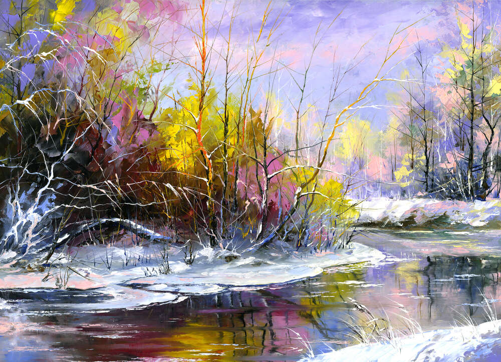 картина-постер Осенние заросли возле речного берега, покрыты белым снегом
