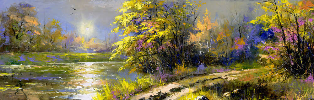 картина-постер Осенние солнечные лучи сверкают на волнах лесной реки