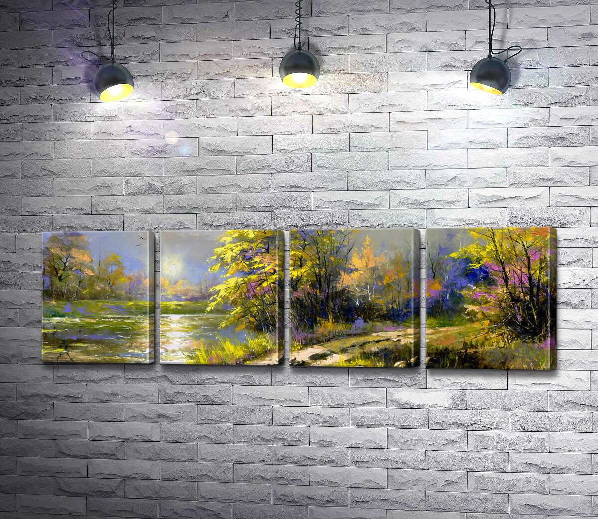 модульна картина Осінні сонячні промені виблискують на хвилях лісової річки (Модуль №24)