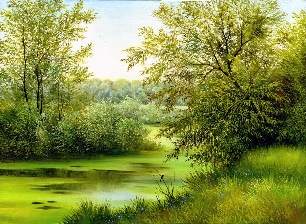 картина-постер Пышные кусты ивы склонились над зеленой водой реки