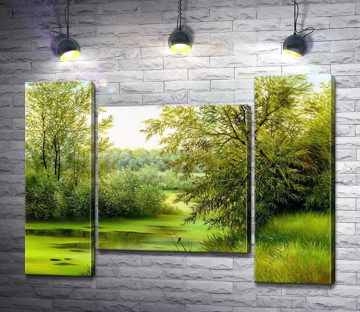 модульная картина Пышные кусты ивы склонились над зеленой водой реки (Модуль №11)