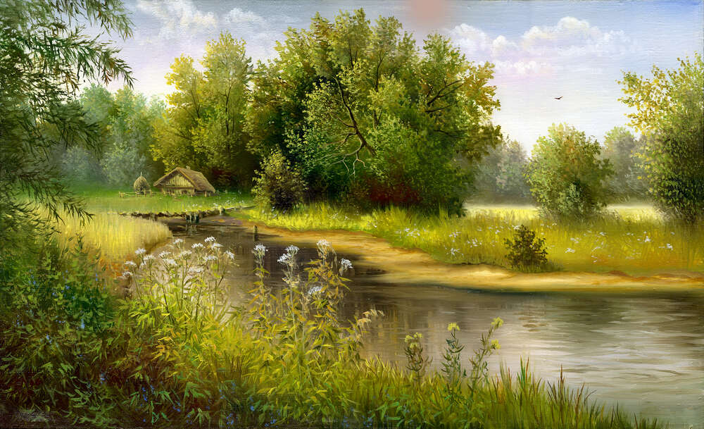 картина-постер Широкий ручей протекает мимо лесной хижины
