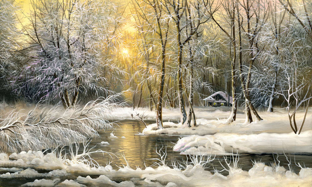 картина-постер Желтые солнечные лучи отражаются в водах зимней лесной реки