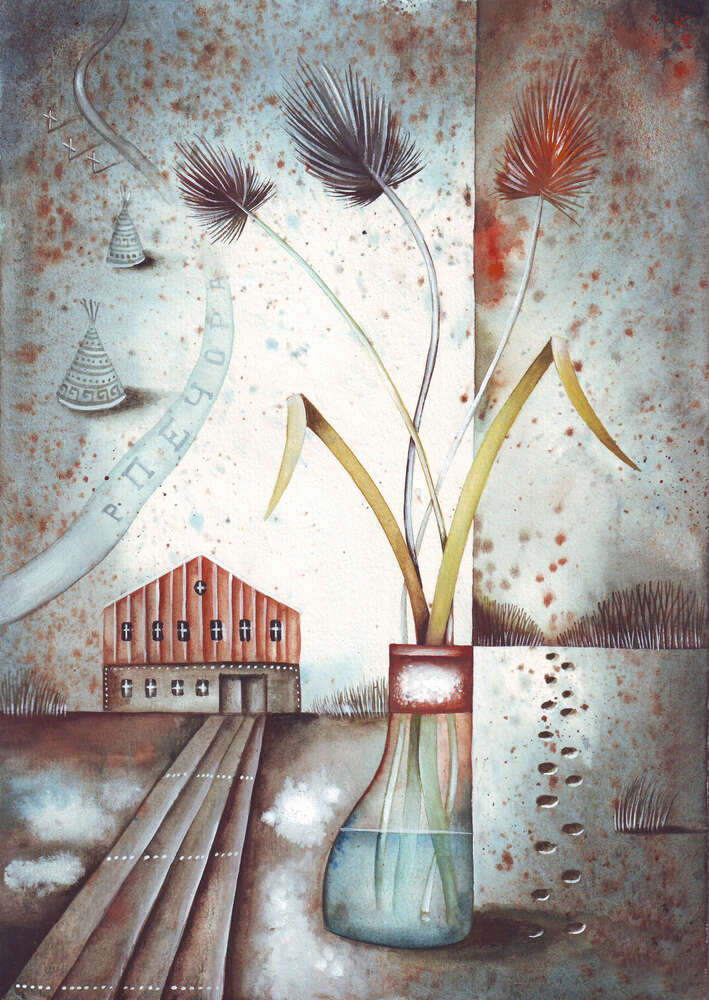 картина-постер Букет цветов в вазе стоит у дороги к дому