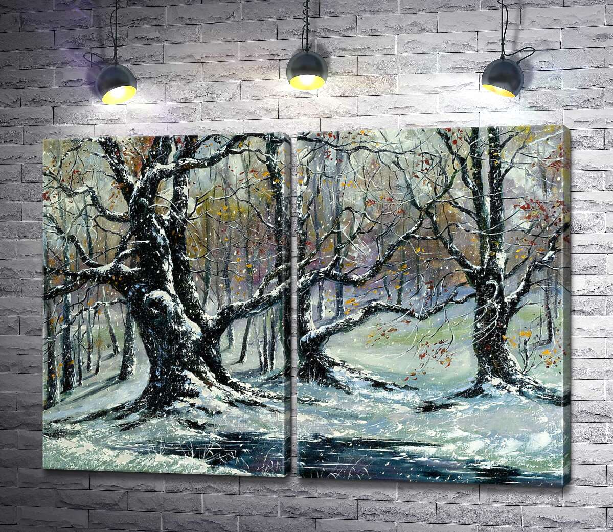модульна картина Покручені стовбури старих дерев припорошені снігом
