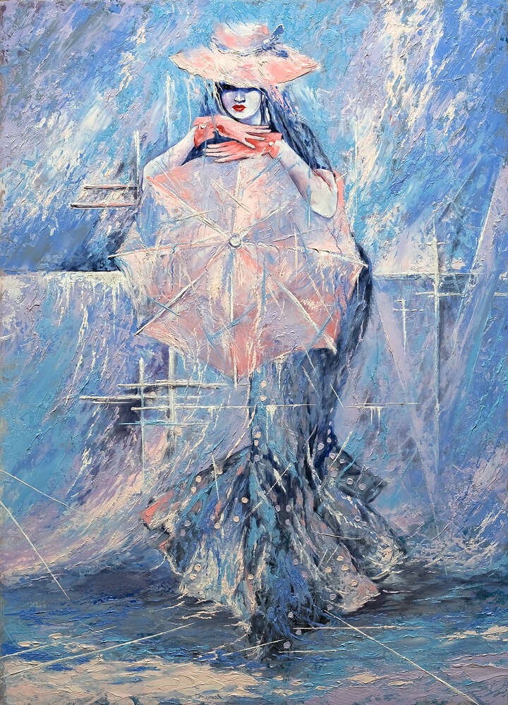 картина-постер Леди в шляпе с розовым зонтиком