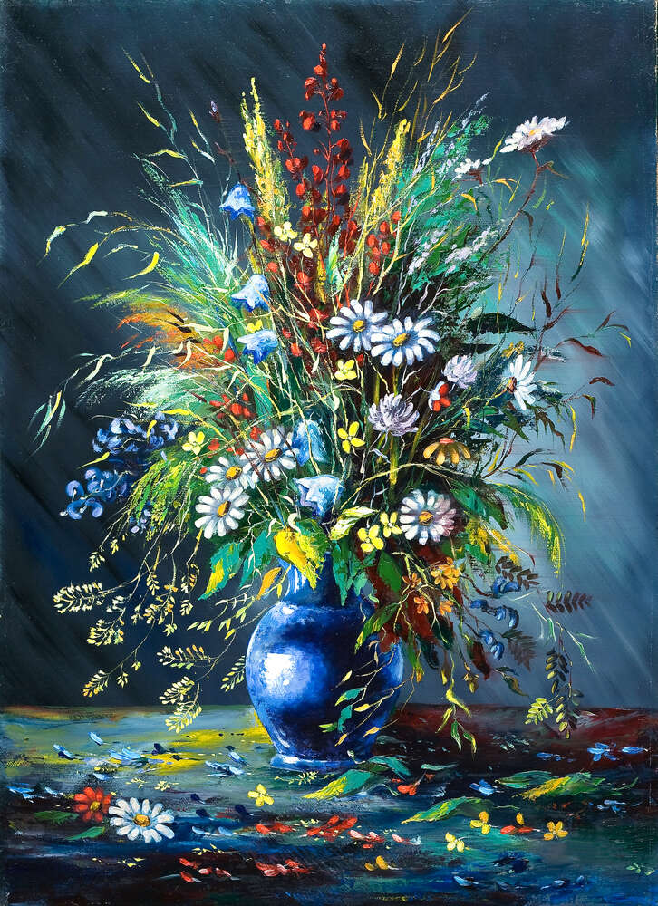 картина-постер Полевые цветы в вазе осыпаются на стол