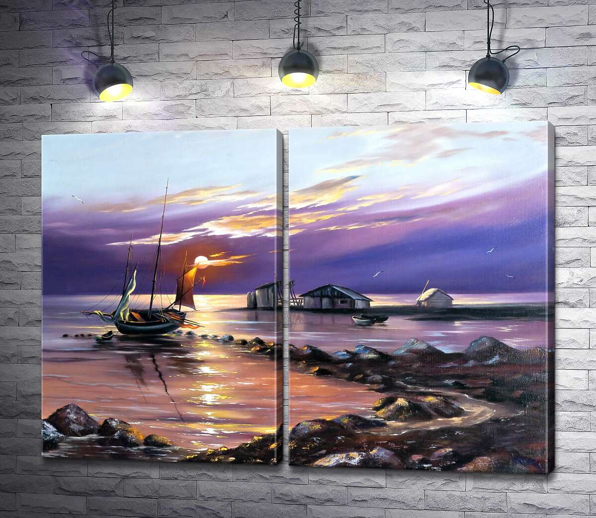 модульна картина Вечірнє сонце освітлює є човен та рибацькі будинки