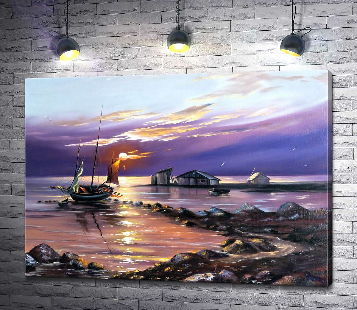 картина Вечернее солнце освещает лодку и рыбацкие дома