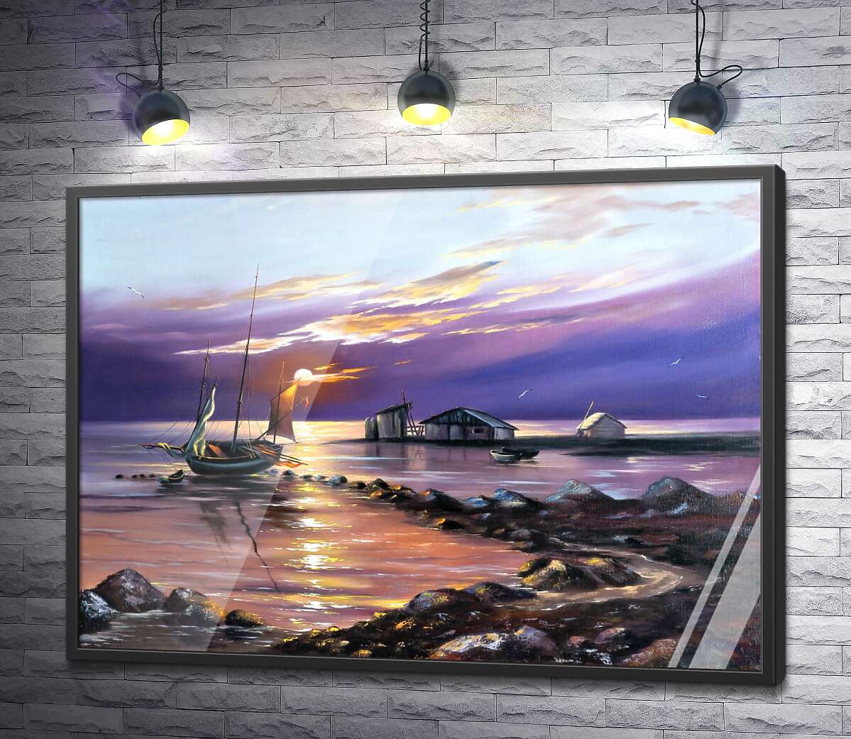 постер Вечернее солнце освещает лодку и рыбацкие дома