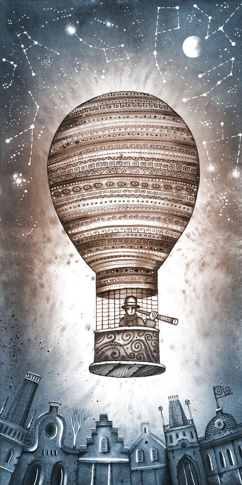 картина-постер Воздушный шар летит под небом с созвездиями
