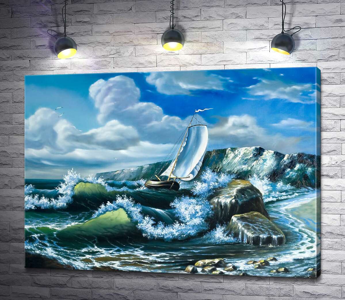 картина Морські хвилі несуть човен на прибережні скелі