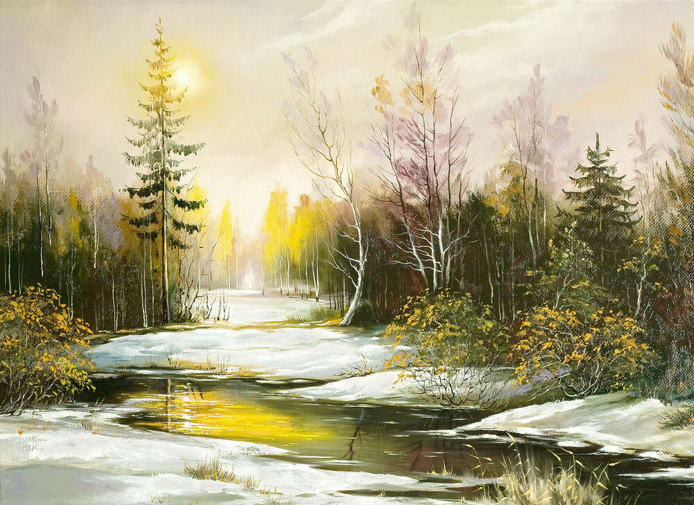 картина-постер Осенние кусты растут на берегу лесной реки