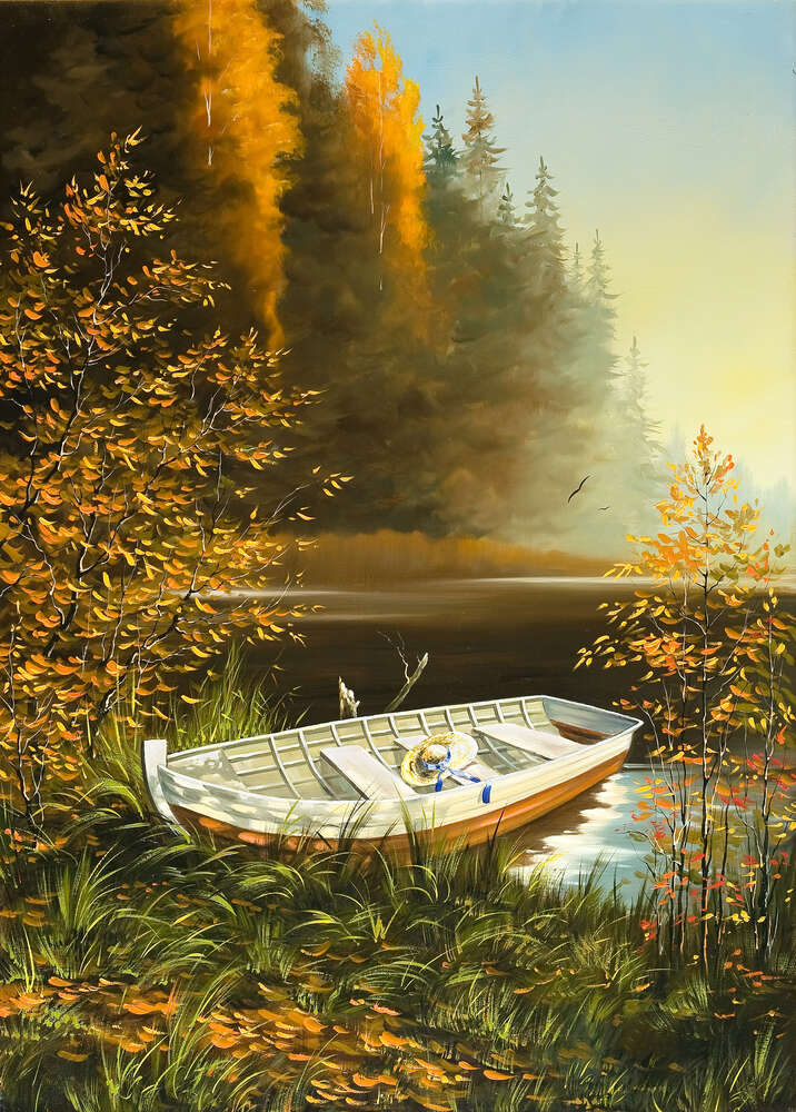 картина-постер Білосніжний човен відпочиває біля осіннього берега лісового озера
