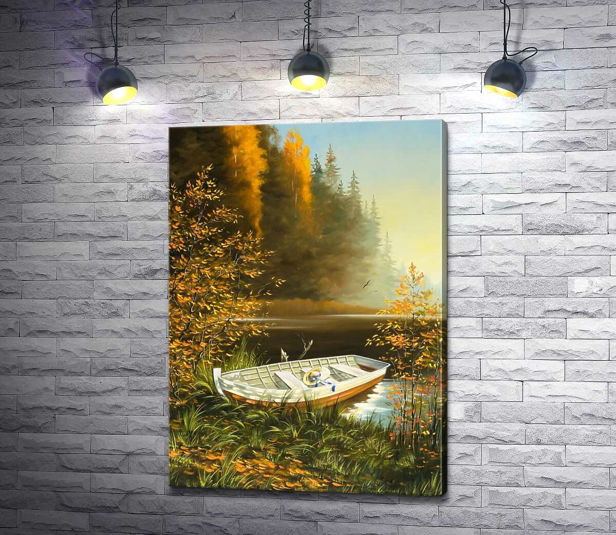 картина Белая лодка отдыхает у осеннего берега лесного озера