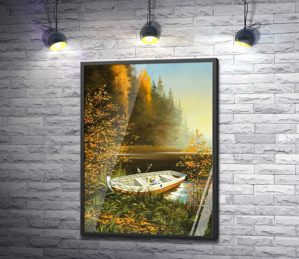 постер Белая лодка отдыхает у осеннего берега лесного озера
