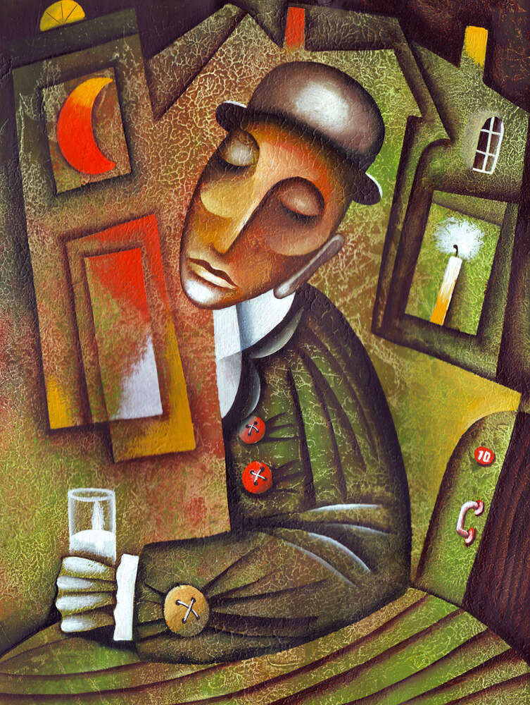 картина-постер Чоловік сидить за столом у вечірній кімнаті