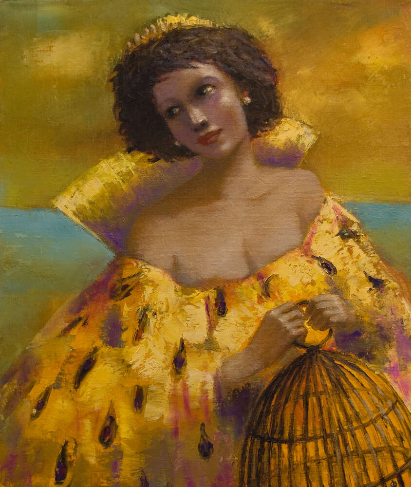 картина-постер Леди в золотом платье с клеткой в руках