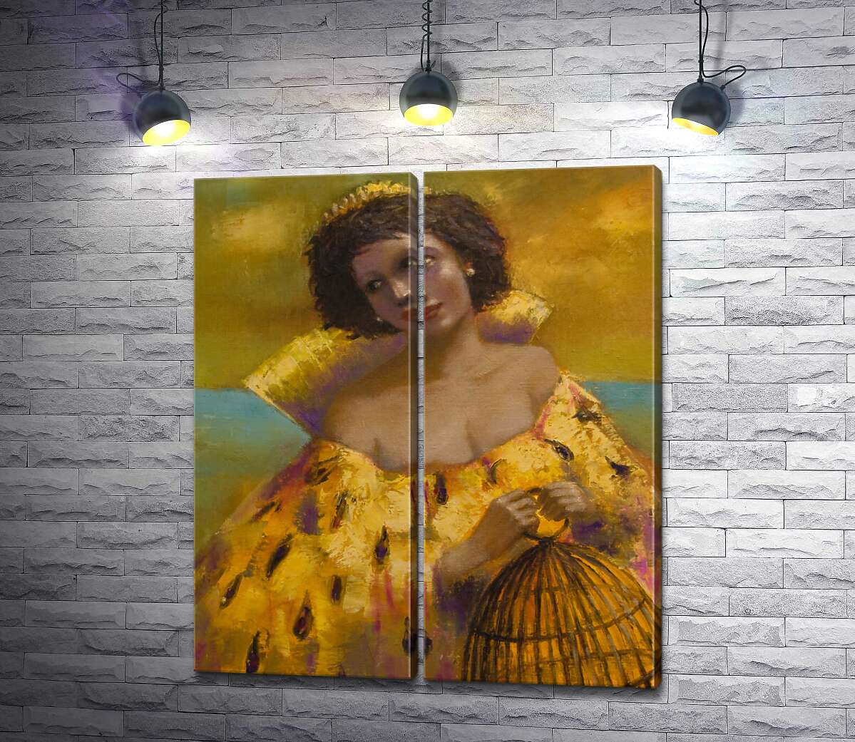 модульна картина Леді в золотій сукні з кліткою у руках