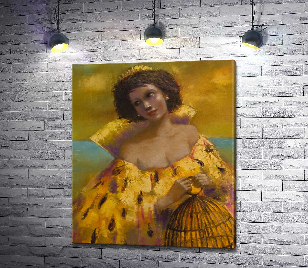 картина Леді в золотій сукні з кліткою у руках