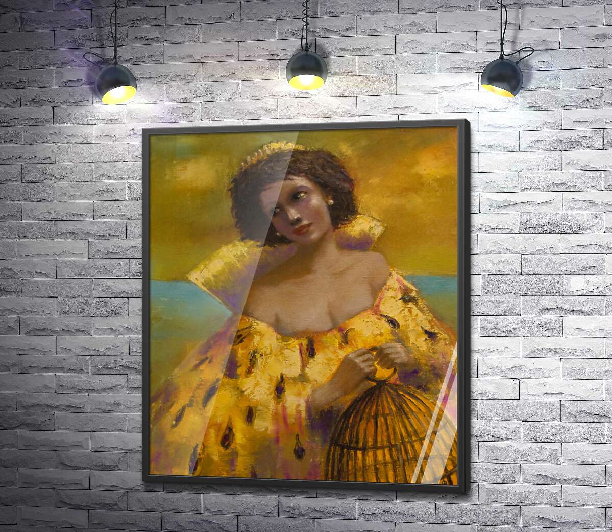 постер Леді в золотій сукні з кліткою у руках