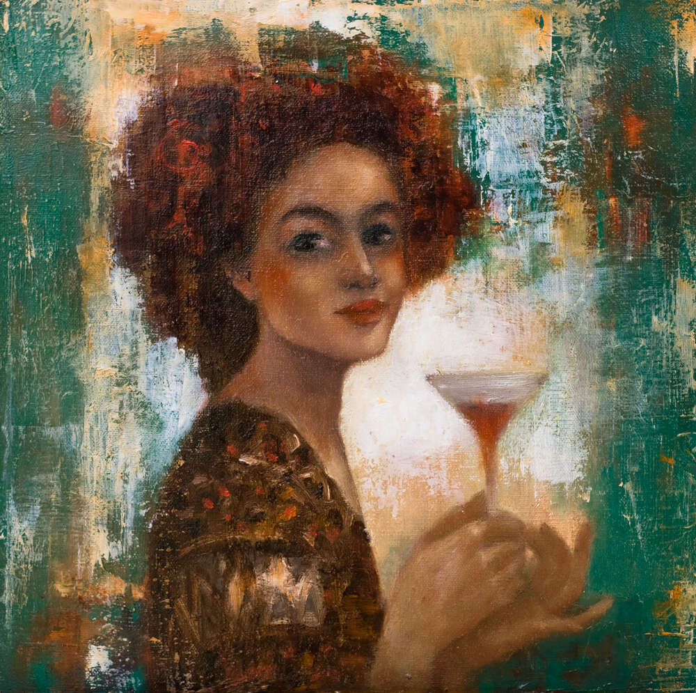 картина-постер Кучерява дівчина з келихом коктейлю у руках