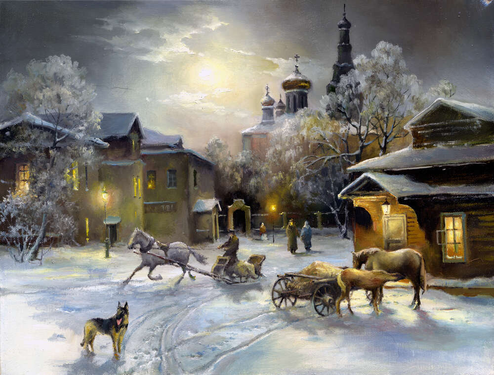 картина-постер Зимняя ночь на площади возле храма