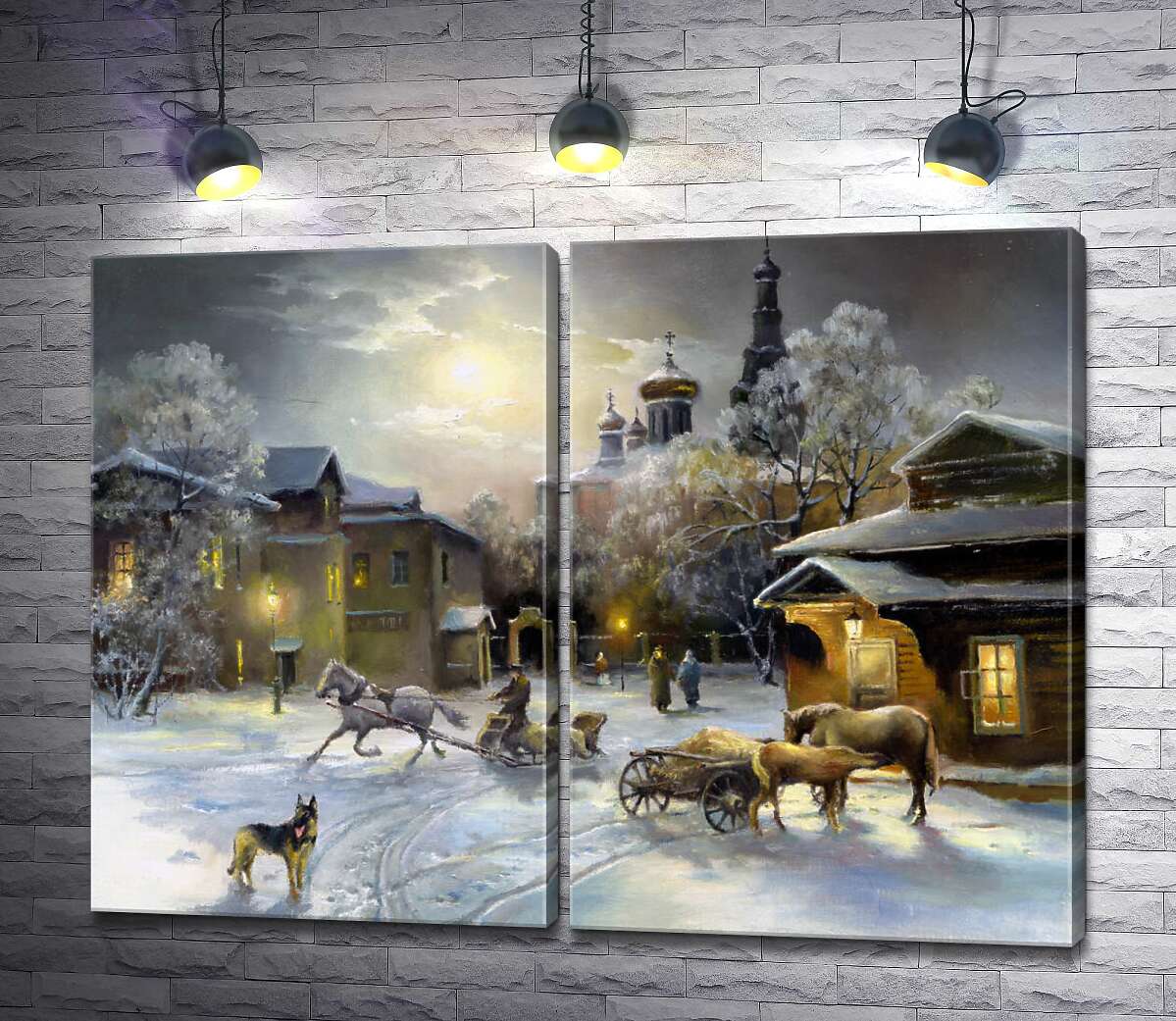 модульная картина Зимняя ночь на площади возле храма