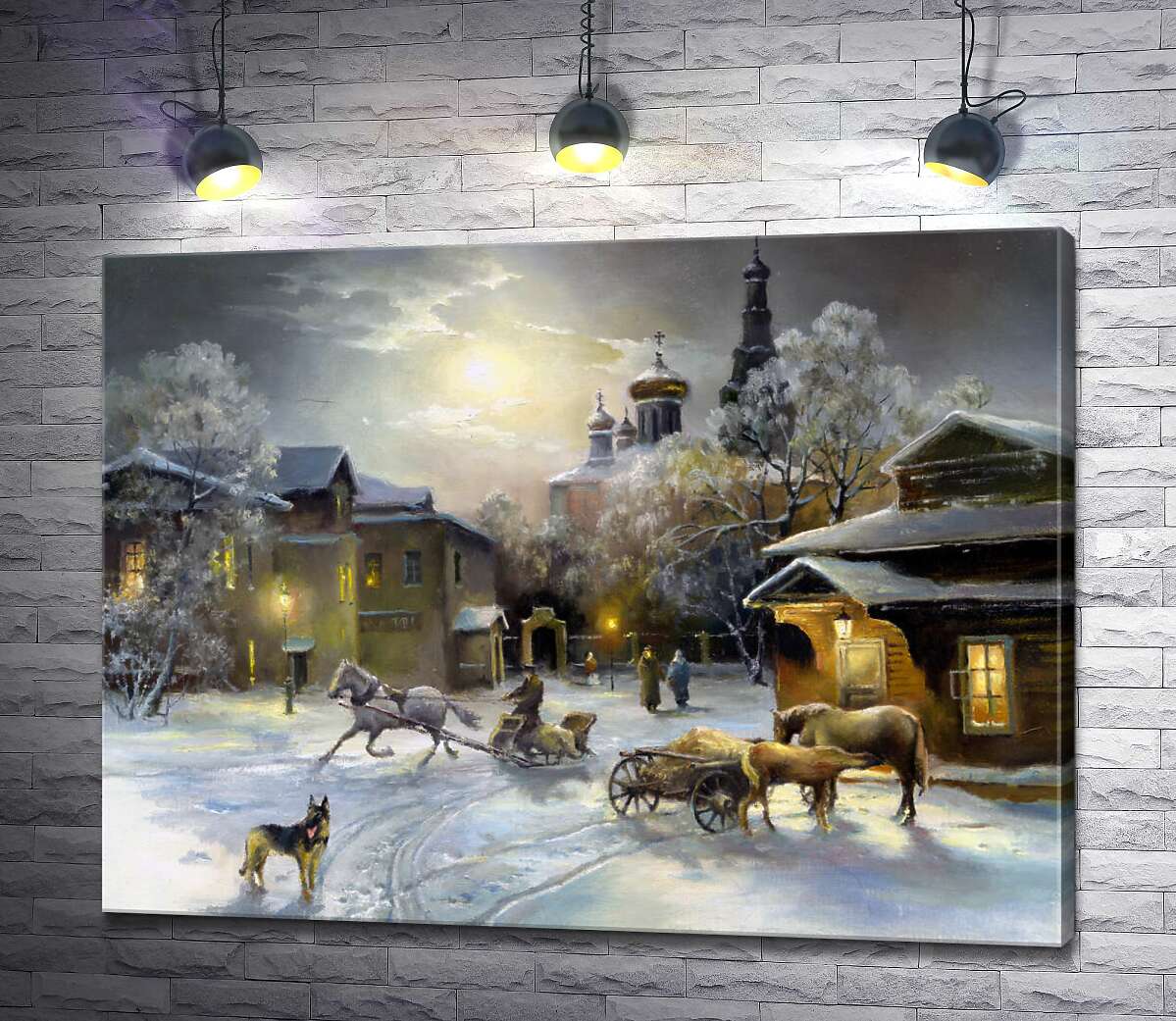 картина Зимняя ночь на площади возле храма