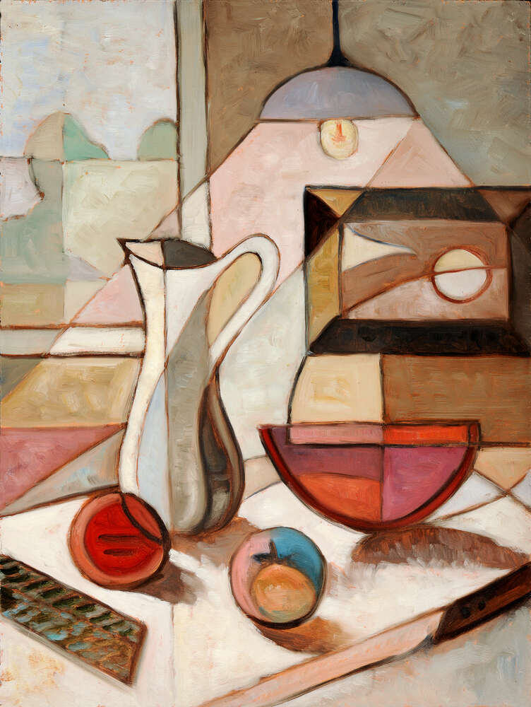 картина-постер Кухоль, тарілка та яблука у світлі лампи