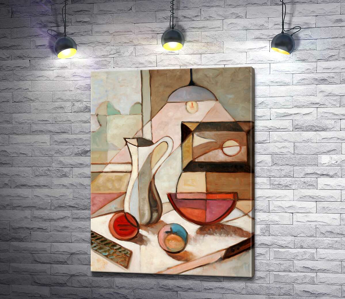 картина Кухоль, тарілка та яблука у світлі лампи