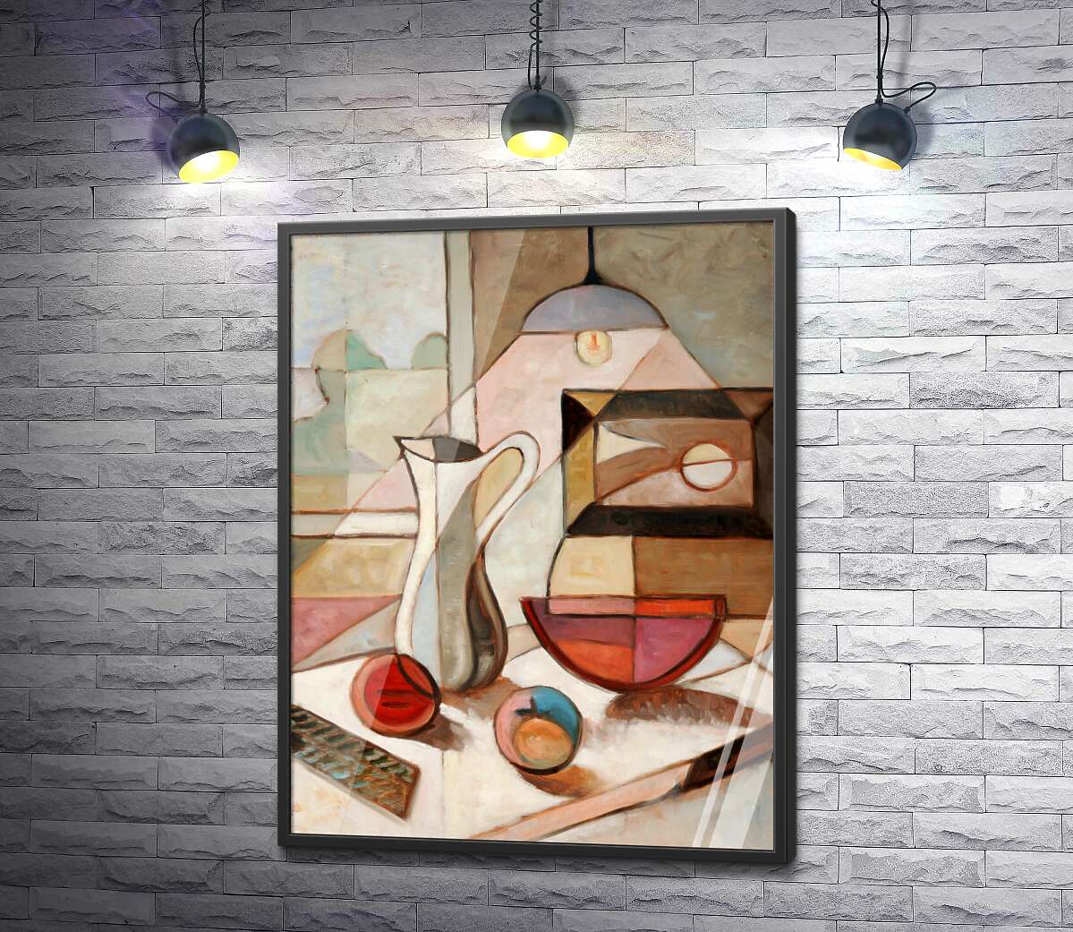постер Кухоль, тарілка та яблука у світлі лампи