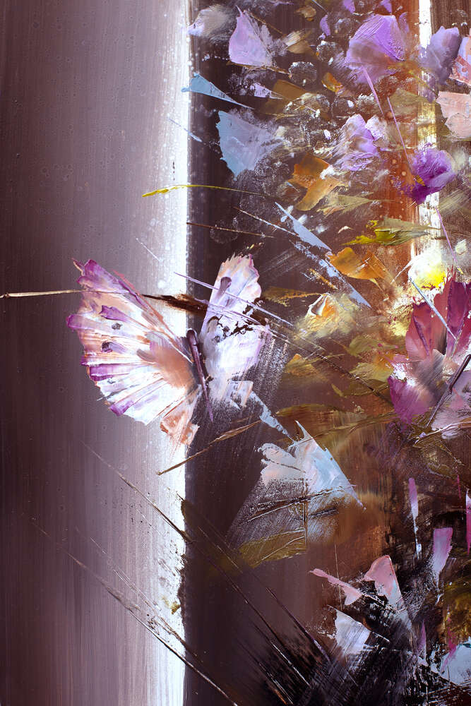 картина-постер Бабочка летает над полем голубых цветов