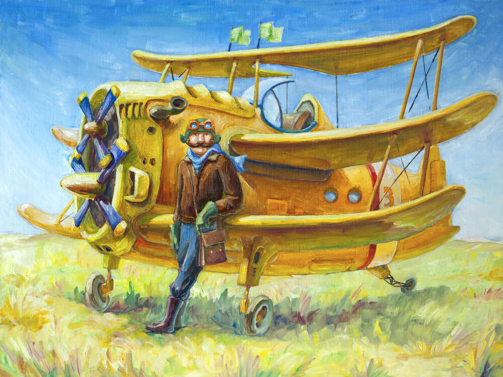 картина-постер Летчик облокотился на крыло желтого самолета
